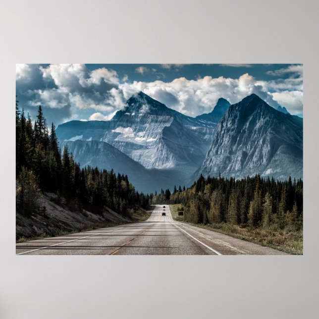 Weg zum großen Berg, Straße, Wald, tra Poster (Vorne)