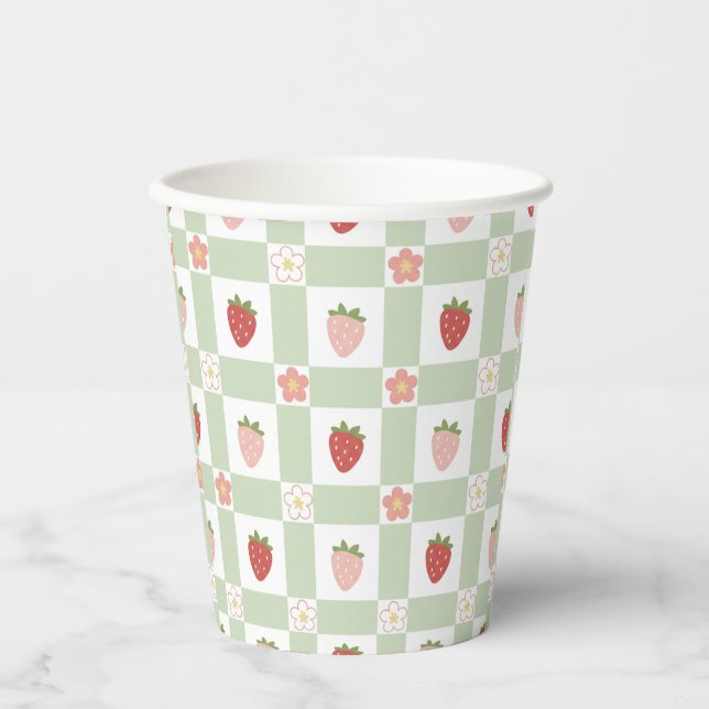 Wegwerf-Erdbeeren-Gingham Pastellgrün Pappbecher (Vorderseite)