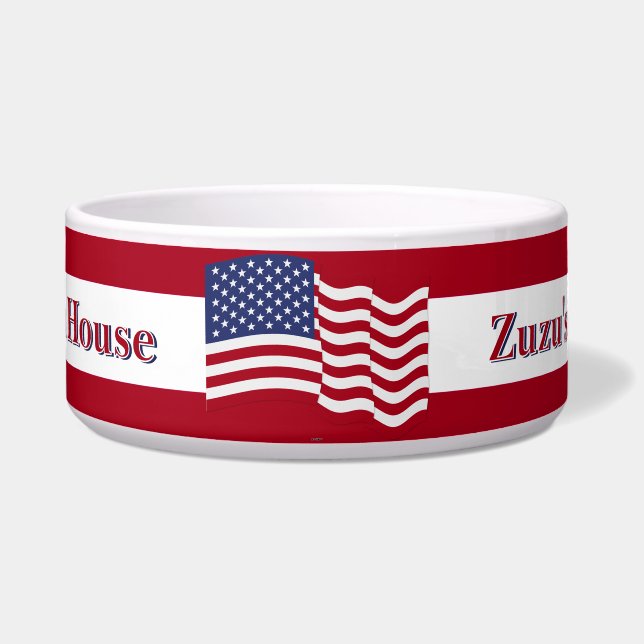 Wehende USA-Flagge auf rot-weiß gestreiftem Hinter Napf (Vorderseite)