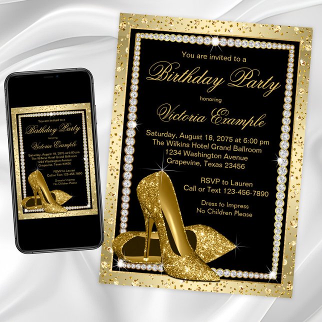 Weibchen Eleganter Black Gold High Heel Shoe Gebur Einladung (Womans black and gold high heel shoe birthday party invitation. Gold shoes diamonds birthday invite.)