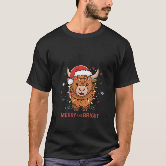 Weibchen Niedliche Hochland Kuh Weihnachtsleuchten T-Shirt (Vorderseite)