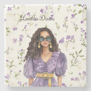 Weiblich Braunes Haar Lavendel Kleid Träume Floral Steinuntersetzer