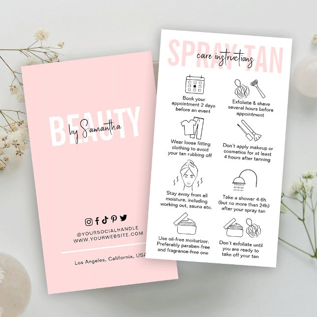 Weiblich rosa Spray Tan Aftercare Instructions Visitenkarte (Von Creator hochgeladen)