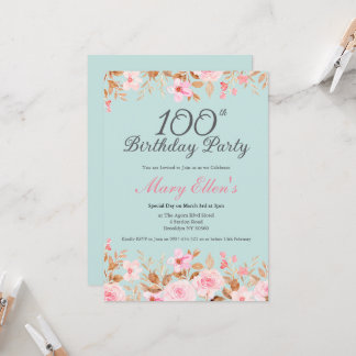 Weibliche 100. Geburtstagsfeier mit rosa Rosenblum Einladung