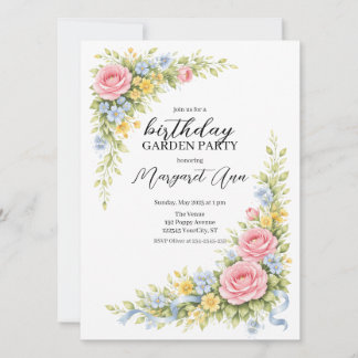 Weibliche Aquarell-Blumen-Gartenparty zum Geburtst Einladung