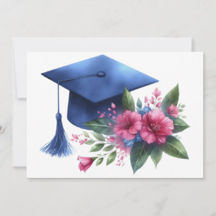 Weibliche blaue Graduierungskappe und rosa Blume Dankeskarte