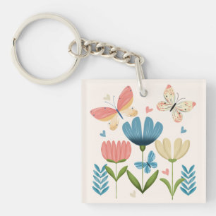 Weibliche Blume und Schmetterlinge Schlüsselanhänger