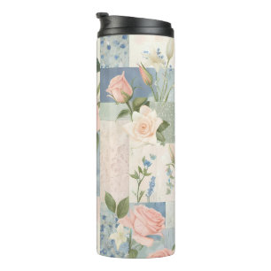 Weibliche Blumenfarben und blaue Fliesen Thermosbecher