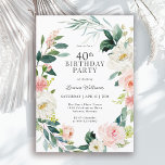 Weibliche Blush Rose Bloral 40. Geburtstag Party Einladung<br><div class="desc">Eine wunderschön weibliche Party Einladung aus dem 40. Jubiläum, gerahmt in einem Kranz mit Rose in Rosa und Weiß und dem hintersten Grün. Die Farbkombinationen sind feminin und fröhlich, um Ihre Gäste auf eine fröhliche Feier vorzubereiten. Personalisieren Sie Ihre Ereignisdetails, indem Sie den Beispieltext in der Entwurfsvorlage ersetzen. Sie können...</div>