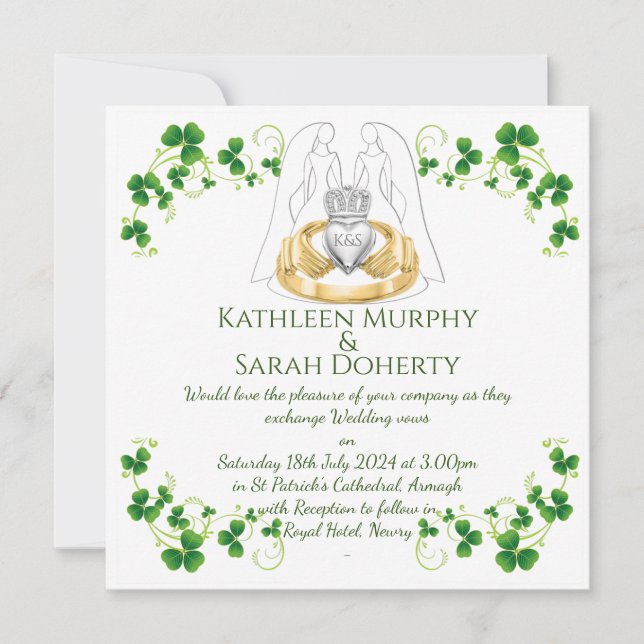Weibliche Claddagh Ring & Kleeblätter Einladung (Vorderseite)