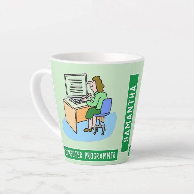 Weibliche Computerprogrammiererin mit Namenswahl Milchtasse (Linke Ecke)