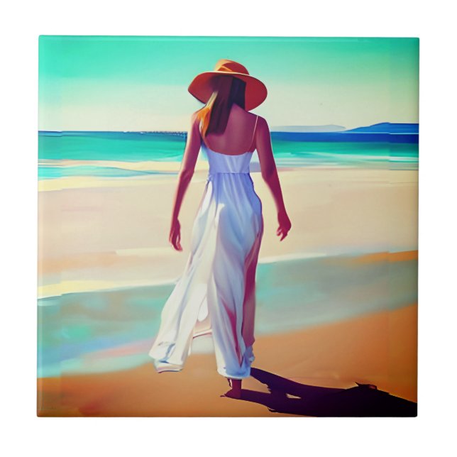 Weibliche Frau am Strand Fliese (Vorderseite)