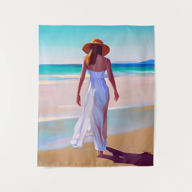 Weibliche Frau am Strand Wandteppich (Vorderseite)