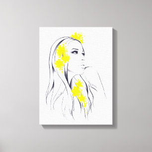 Weibliche Gesicht Gelbe Blumen Mode Illustrationsk Leinwanddruck