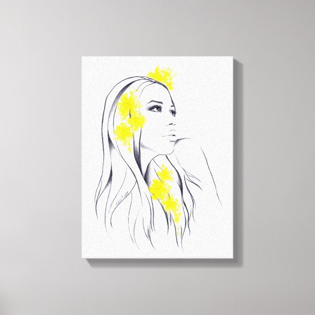 Weibliche Gesicht Gelbe Blumen Mode Illustrationsk Leinwanddruck (Vorderseite)
