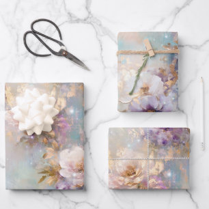Weibliche goldene Lila weiße Blume Geschenkpapier Set