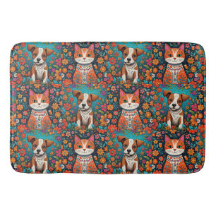 Weibliche Katzen und Hunde mit Folk Art Blume Badematte