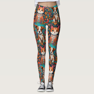 Weibliche Katzen und Hunde mit Folk Art Blume Leggings