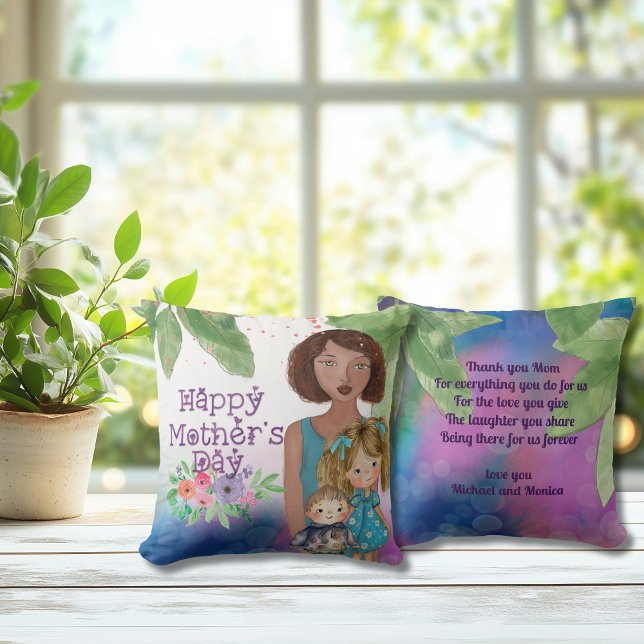 Weibliche Mutter mit Kindern | Muttertag Kissen (Whimsical Mother with kids  Mother's Day Throw Pillow)