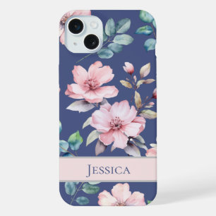 Weibliche Rosa Blume Blue Phone Case iPhone 15 Plus Hülle