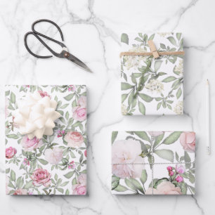 Weibliche rosa Rosen Aquarell-Blumen Geschenkpapier Set