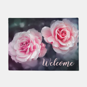 Weibliche rosa Rosen-BlumenFoto-Willkommen Fußmatte