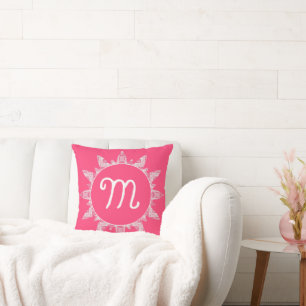 Weibliche Rose Pink White Sunray Monogram Kissen
