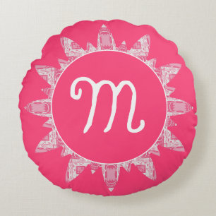 Weibliche Rose Pink White Sunray Monogram Rundes Kissen