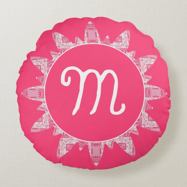 Weibliche Rose Pink White Sunray Monogram Rundes Kissen (Vorderseite)