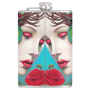 Weibliche rote Lippen und Rose Pfau Abstrakt Flachmann