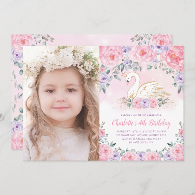 Weibliche Schweine Prinzessin Rosa Lila Blume Gebu Einladung (Vorne/Hinten)