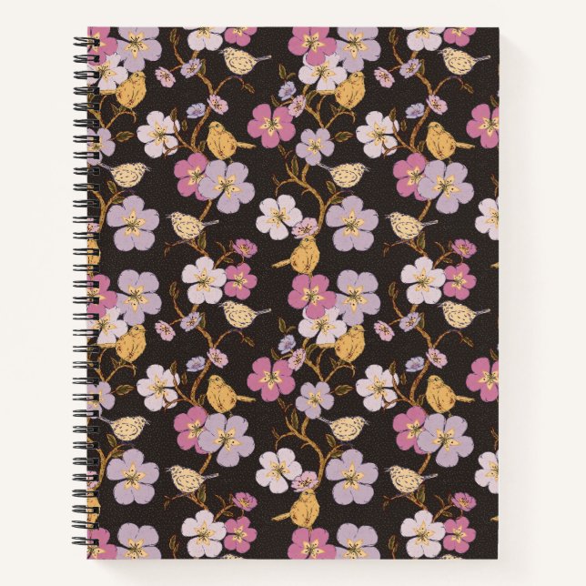 Weibliche Spur von Floralen und Vögeln - Schwarz/G Notizbuch (Vorderseite)