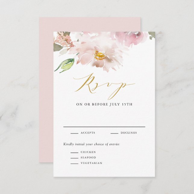 Weibliche Wasserfarben Blush Blume Hochzeit RSVP Karte (Vorne/Hinten)