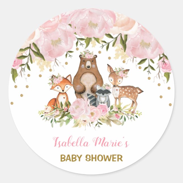 Weibliche Woodland Babydusche Blush Blumenfavorite Runder Aufkleber (Vorderseite)