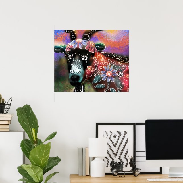 Weibliche Ziegenfarm Tier Blumenpfirsich Poster (Heimbüro)