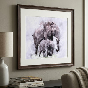 Weiblicher Afrikanischer Elefant mit Kalb Aquarell Fotodruck
