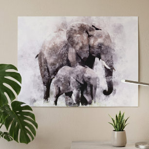 Weiblicher Afrikanischer Elefant mit Kalb Aquarell Poster