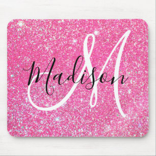 Weiblicher Glam Hot Pink Glitter Funkeln Monogramm Mousepad