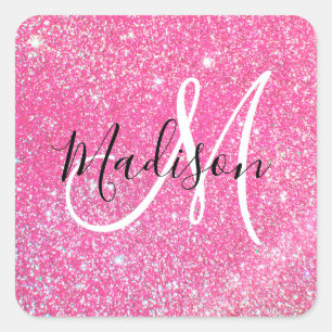 Weiblicher Glam Hot Pink Glitter Funken Monogramm Quadratischer Aufkleber