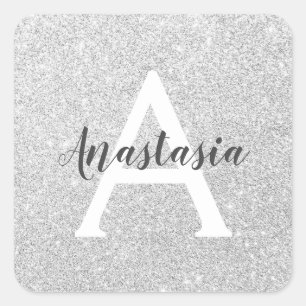 Weiblicher Glam Silber Glitter Funkeln Monogramm N Quadratischer Aufkleber