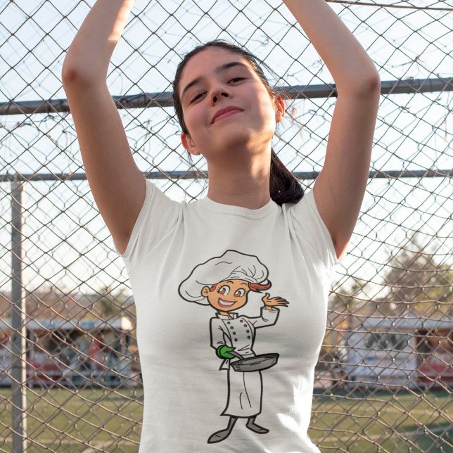 Weiblicher Koch mit einem T - Shirt zum Braten von (Von Creator hochgeladen)