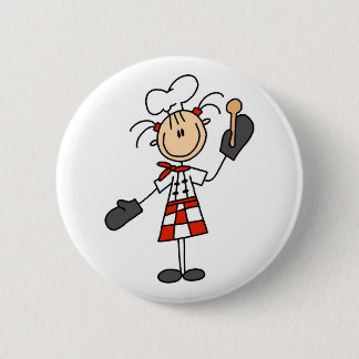 Weiblicher Koch mit Mitten und hölzernem Löffel Button