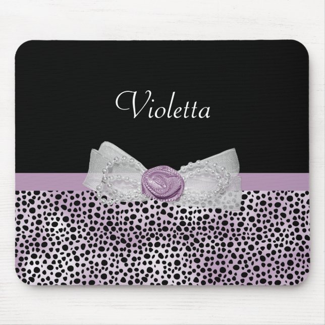 Weiblicher lila Cheetah-Druck-Girly Bogen und Name Mousepad (Vorne)