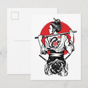 Weiblicher Samurai-Drache Rose – Japanischer Krieg Postkarte