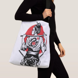 Weiblicher Samurai-Krieger – Drachen-Rosen-Tattoo Tragetaschen Mit Langen Trägern