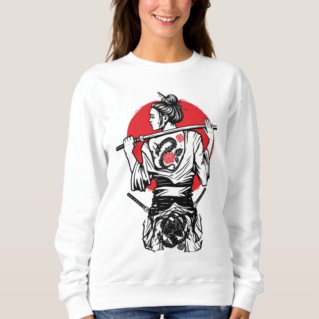 Weiblicher Samurai-Krieger – Dragon Rose Tattoo Ja Sweatshirt (Vorderseite)
