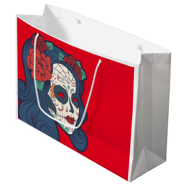 Weiblicher Zuckerschädel-große Rote Rosen Große Geschenktüte (Vorderseite Schrägansicht)