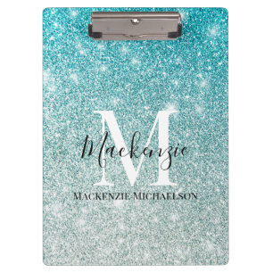 Weibliches Aqua Blau Silber Ombre Glitter Monogram Klemmbrett