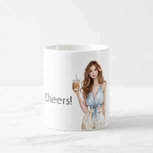 Weibliches blaues Top Cheers Getränk Kaffeetasse