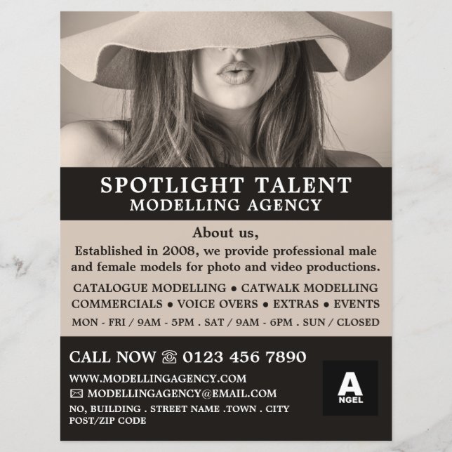 weibliches Hutmodel, Modelagentur, Modelagent Flyer (Vorne)